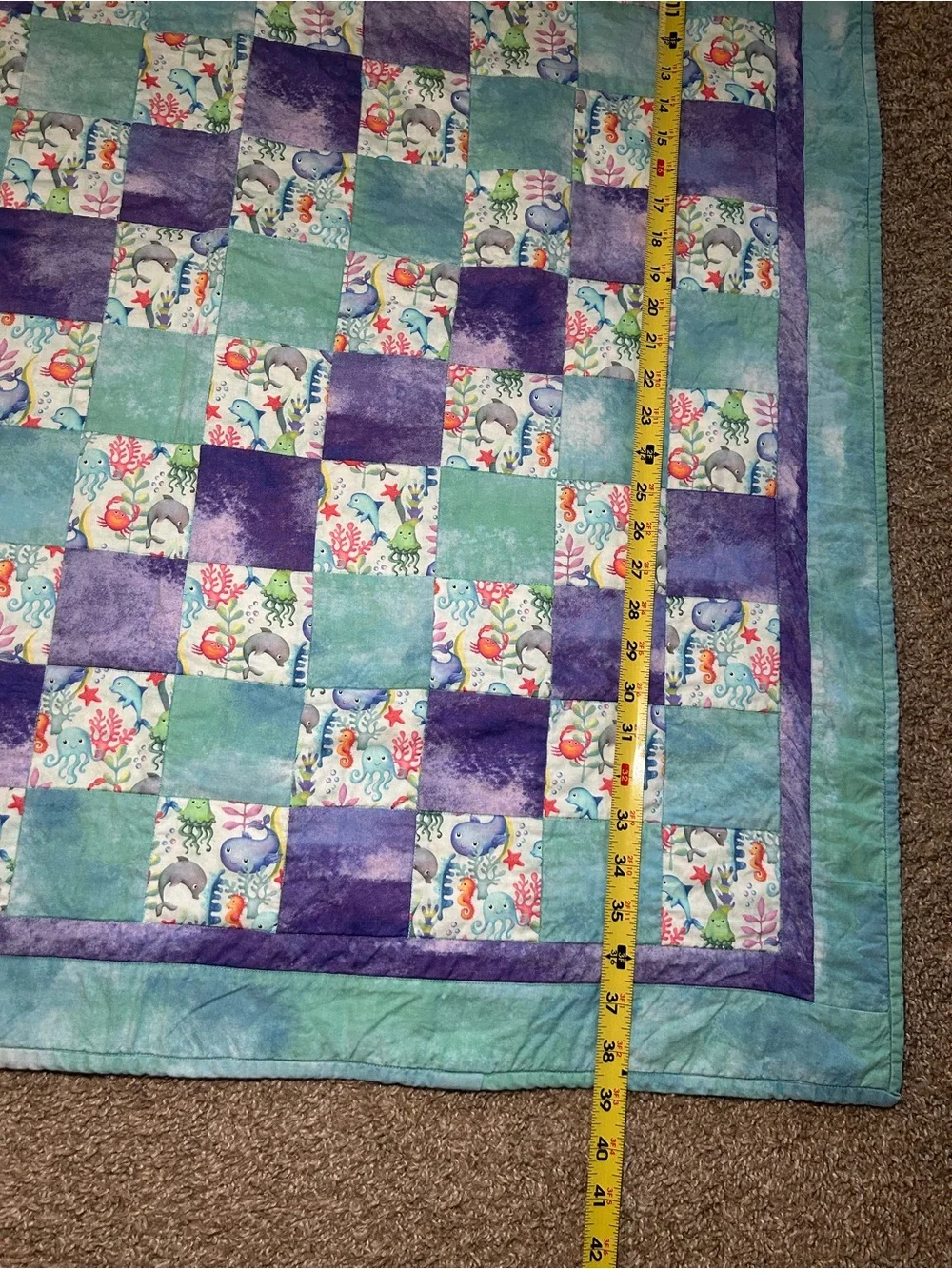 Handmade Patchwork Quilt Seafoam Green & Purple 90s Ocean Animals Waterpaint